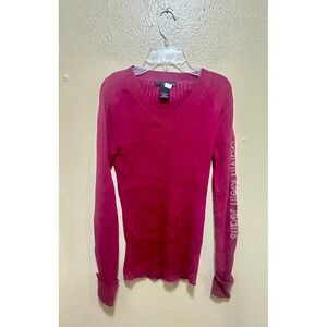 Calvin Klein Jeans Womans Medium Purple V Neck Long Sleeve Ribbed Knit Top‎